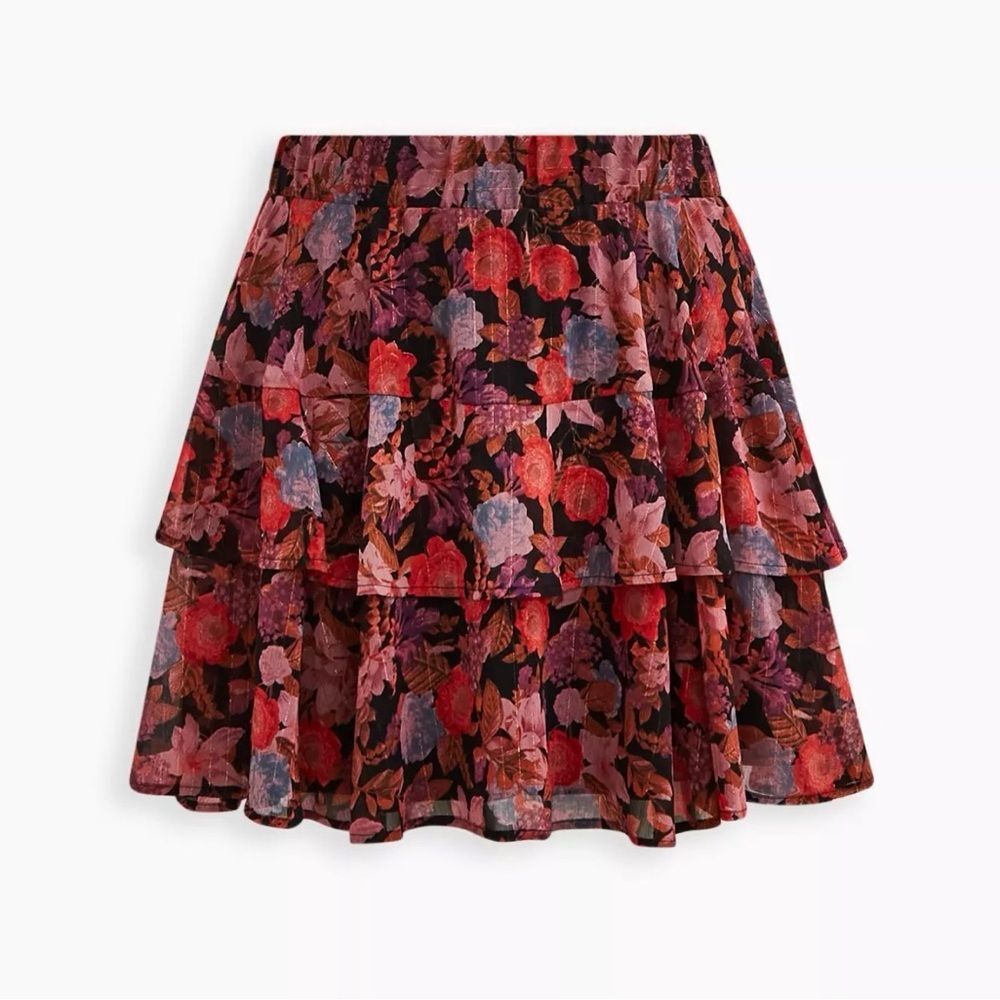 TORRID 00 Mini Crinkle Lurex Tiered Skirt Black Floral Print Size Medium 10